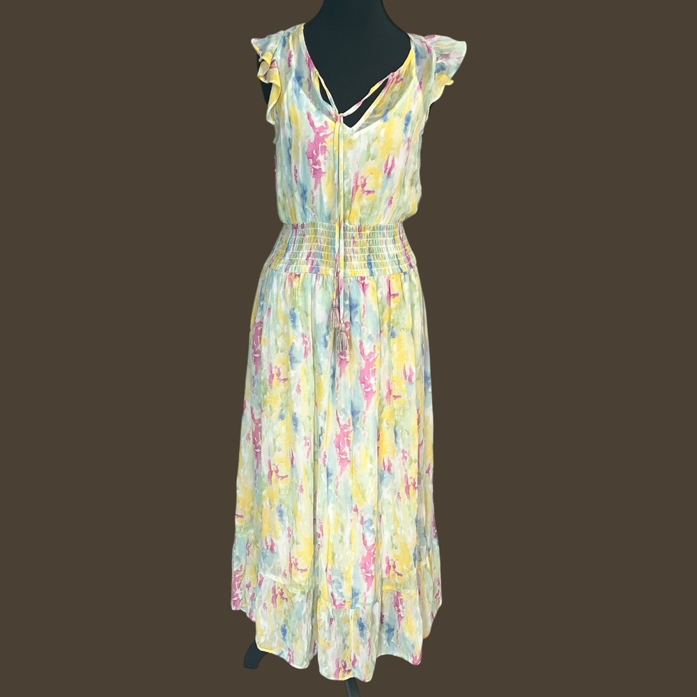 Anthropologie Watercolor Floral Maxi Dress Smocked Waist Flutter Sleeve Size 2 - Picture 12 of 14